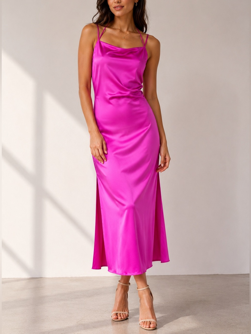 Amanda Uprichard Fuchsia Pink Dress Midi Medium 100% Silk Ruched NWT